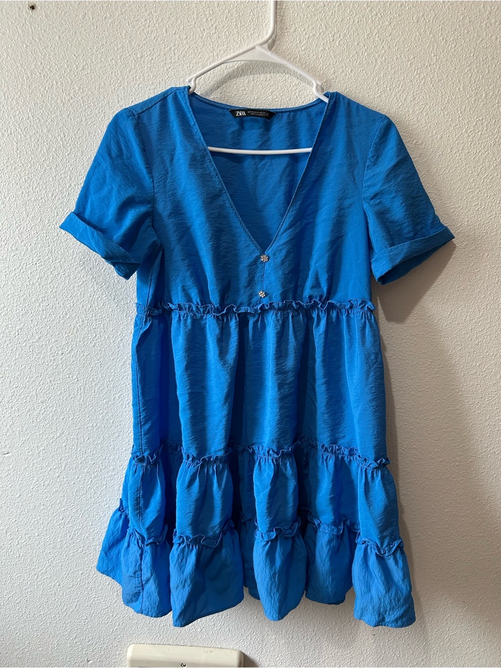 Zara Electric Blue Tiered V-Neck Mini Dress
